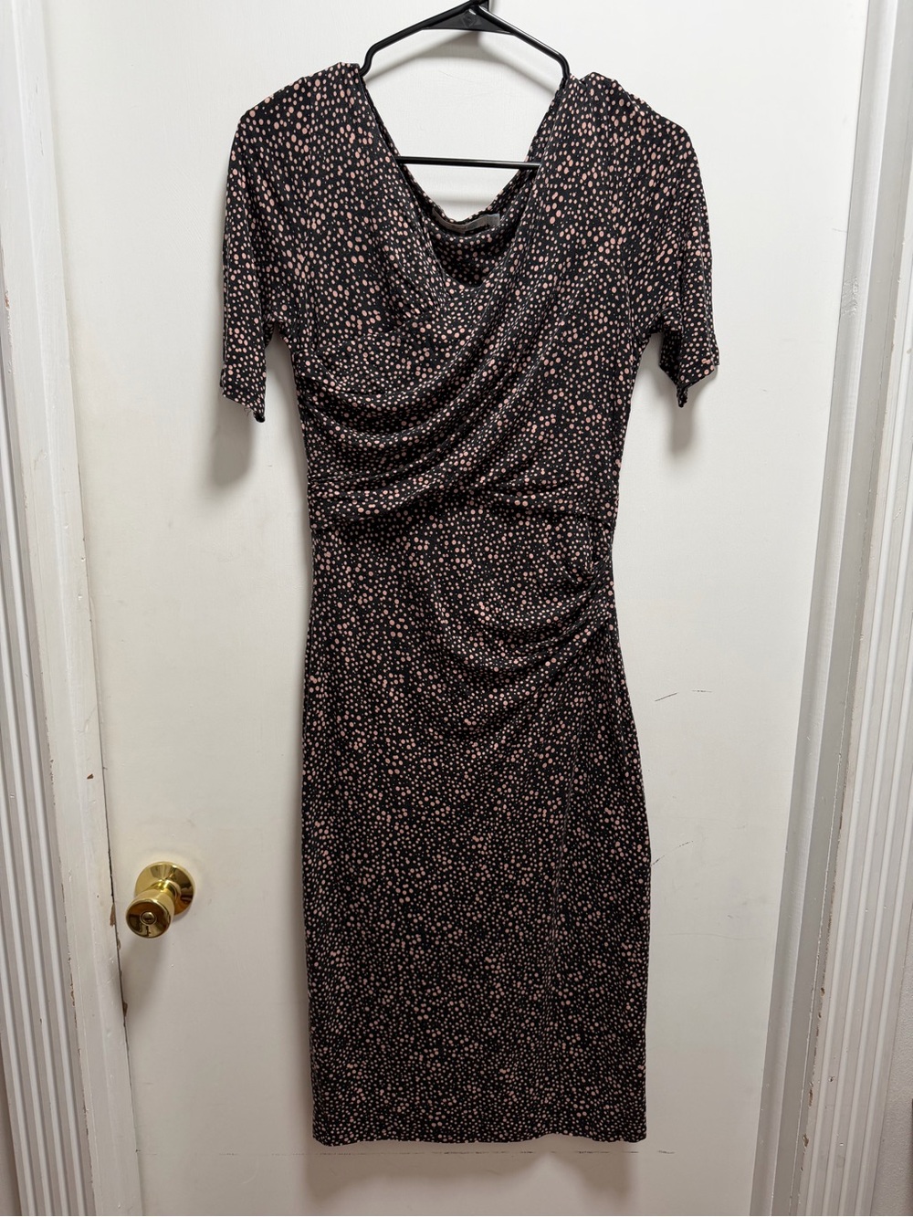 Boden Women’s Sz 8L Brown Pink Polk A Dot Dress Ruched Side Rita Stretch Knit